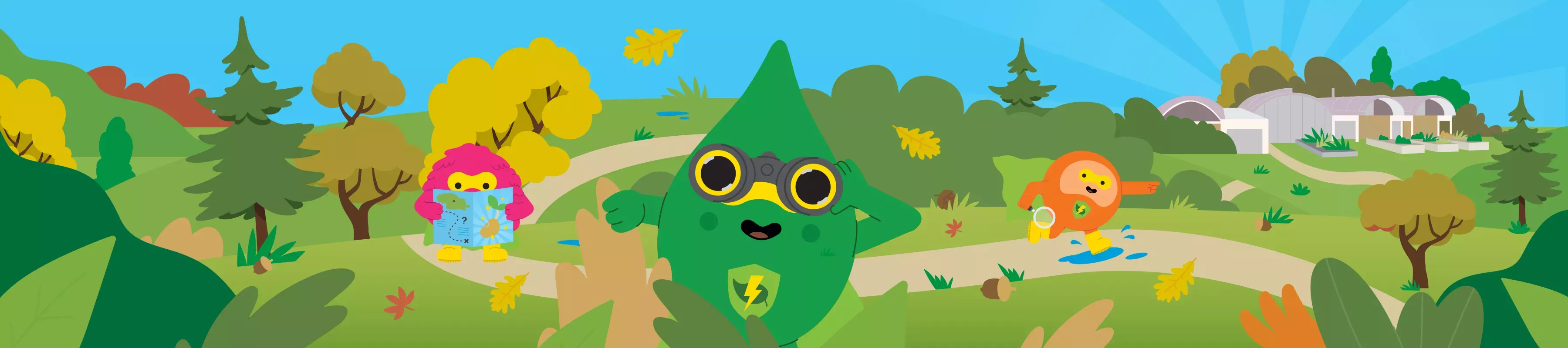 Nature Heroes and National Geographic Kids Bright cartoon heroes are exploring an illustrated version of Wakehurst's landscapes