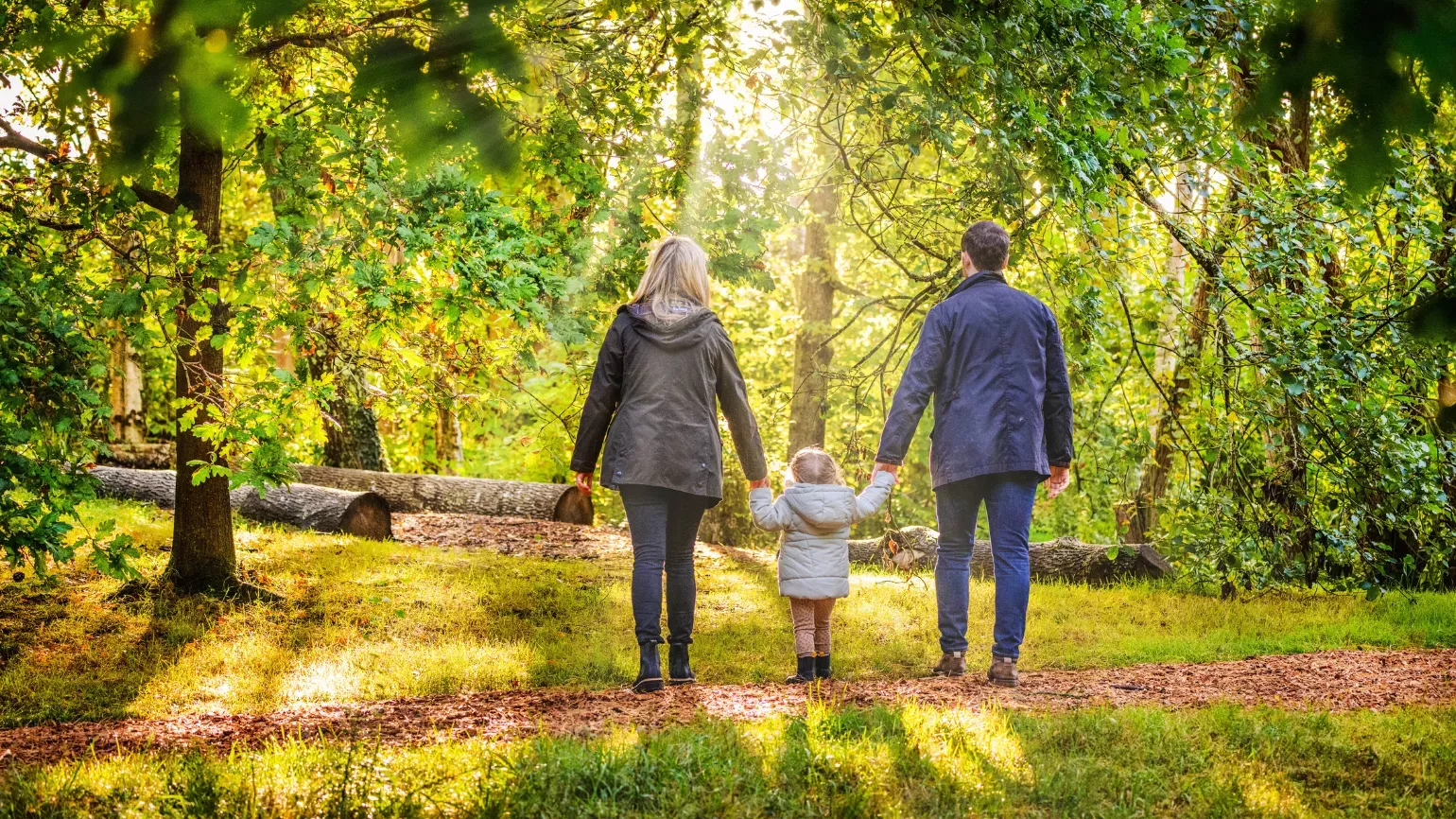 Mother, father and child in sunny woodland Mother, father and child in sunny woodland