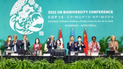 Delegates standing and applauding in front of a blue background for COP15 and the flags of Canada and China