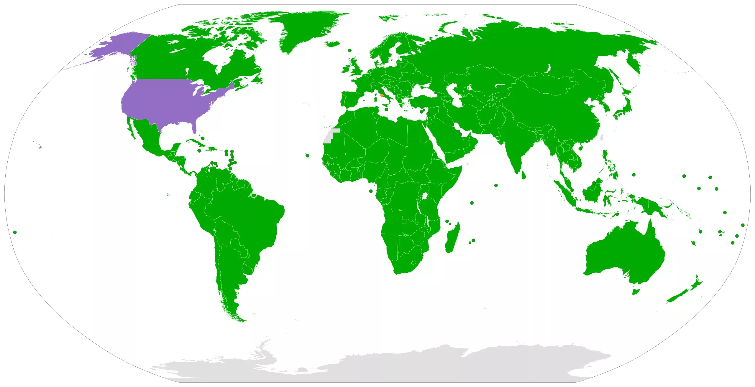 A map of the world with most countries in green, the USA in purple, and the Vatican in orange. There are also a few countries in grey.