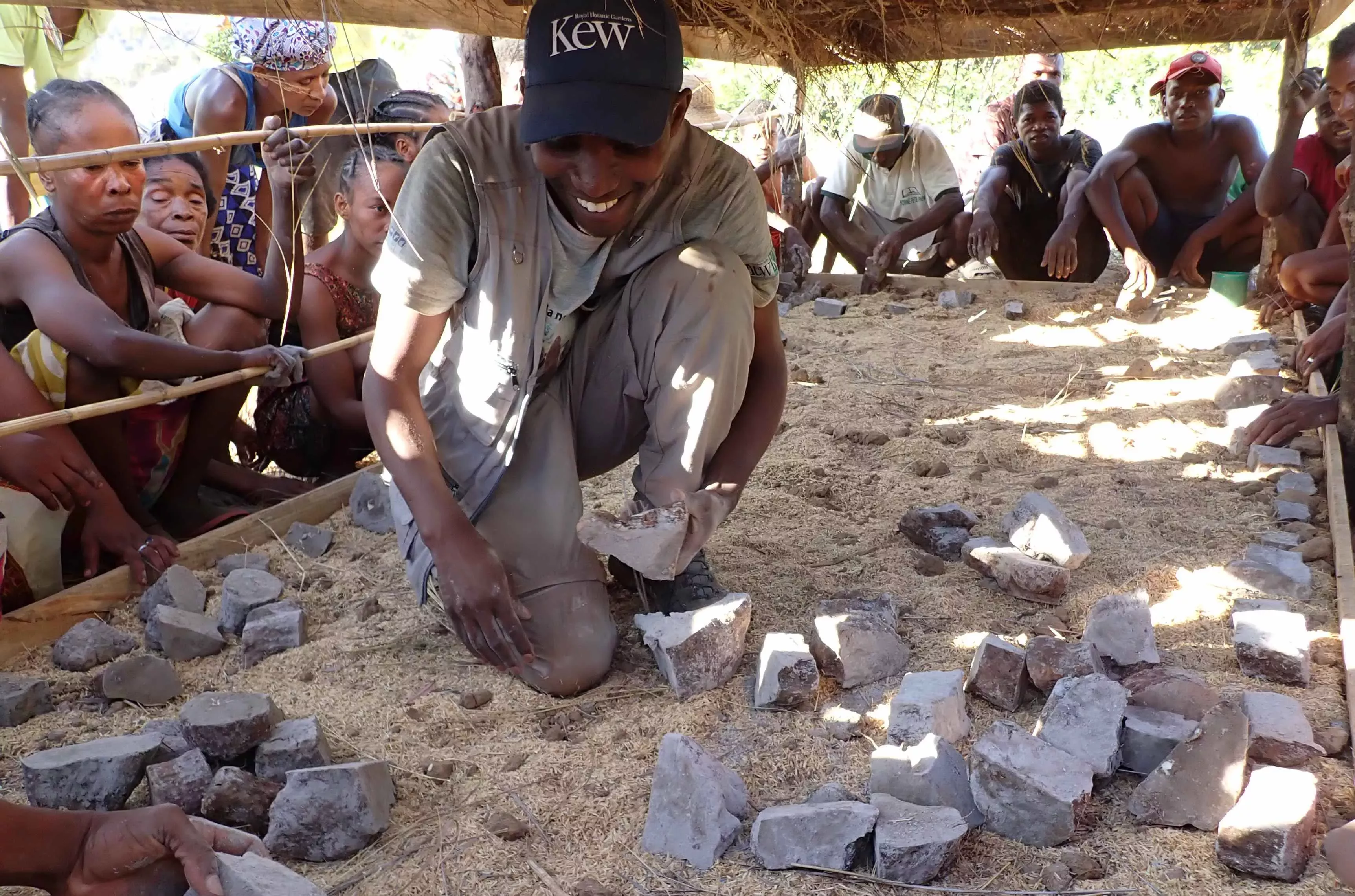 Eric from Kew Madagascar shown here sharing his knowledge of yam propagation to reduce over-harvesting of wild yams, Raherman Zandrikely © RBG Kew A member of the Kew madagascar team is demonstrating yam growing techniques to a crowd of onlookers