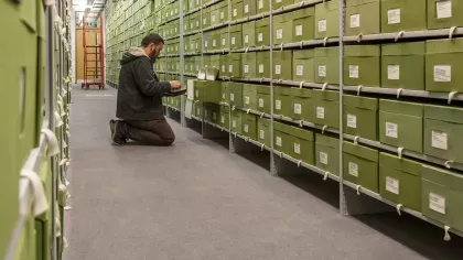 Researcher looking in green boxes