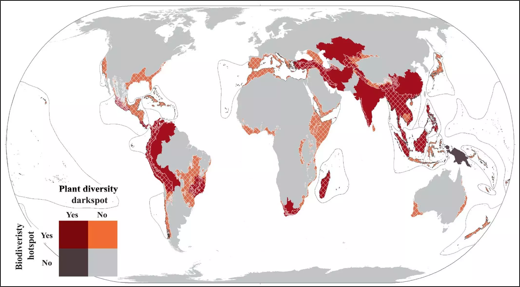 Map of the world showing the overlap between biodiversity hotspots and darkspots Map of the world showing the overlap between biodiversity hotspots and darkspots