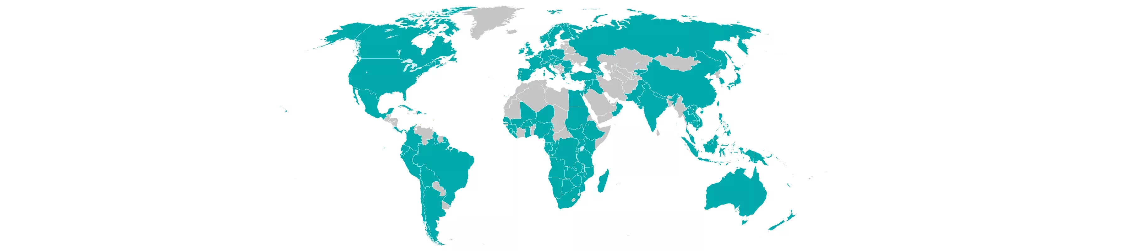 Where Kew Science works. RBG Kew. Map of the world with countries coloured in teal