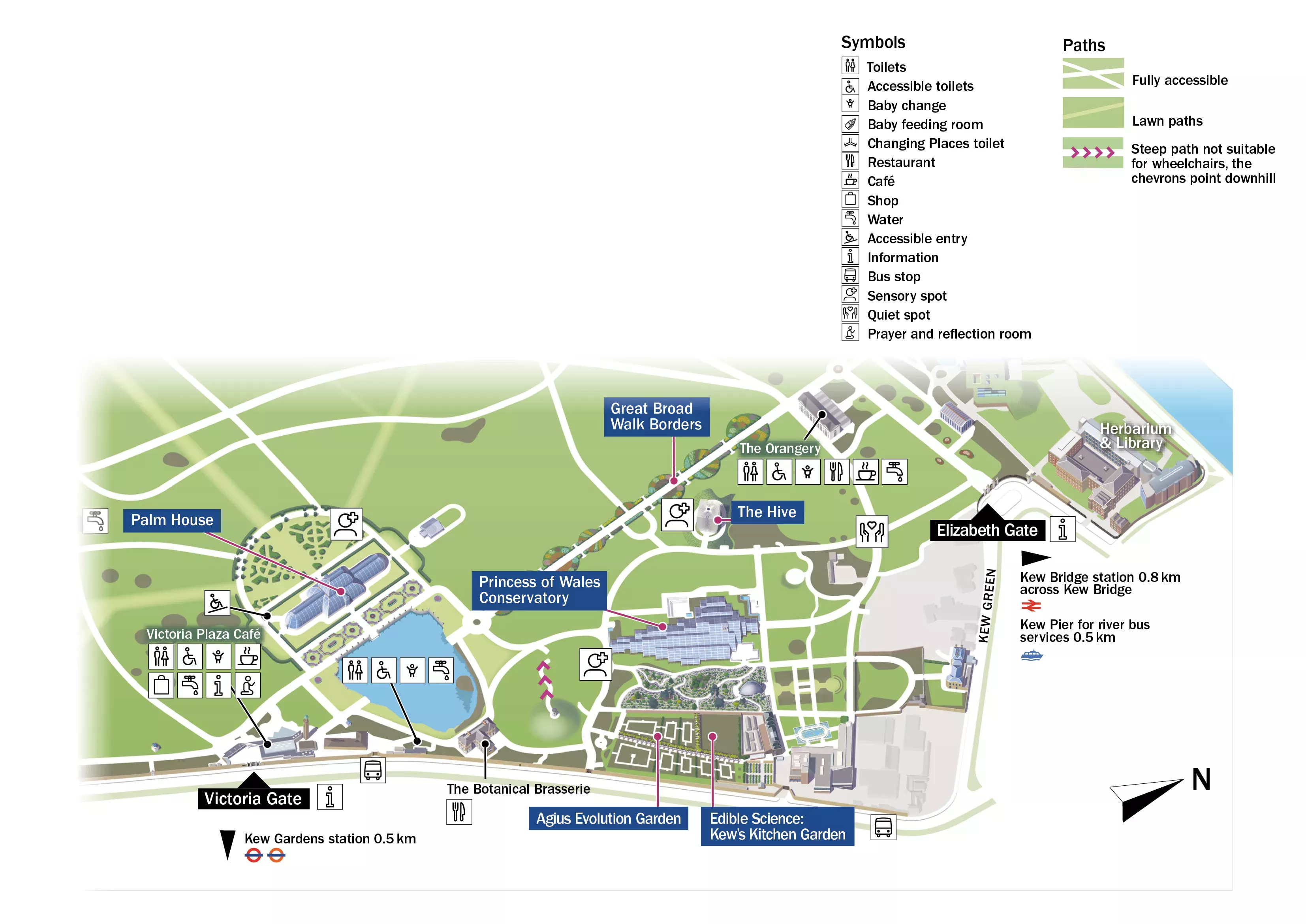 Accessibility map of Kew Gardens © RBG Kew Graphic of Kew Gardens with signs to various amenities