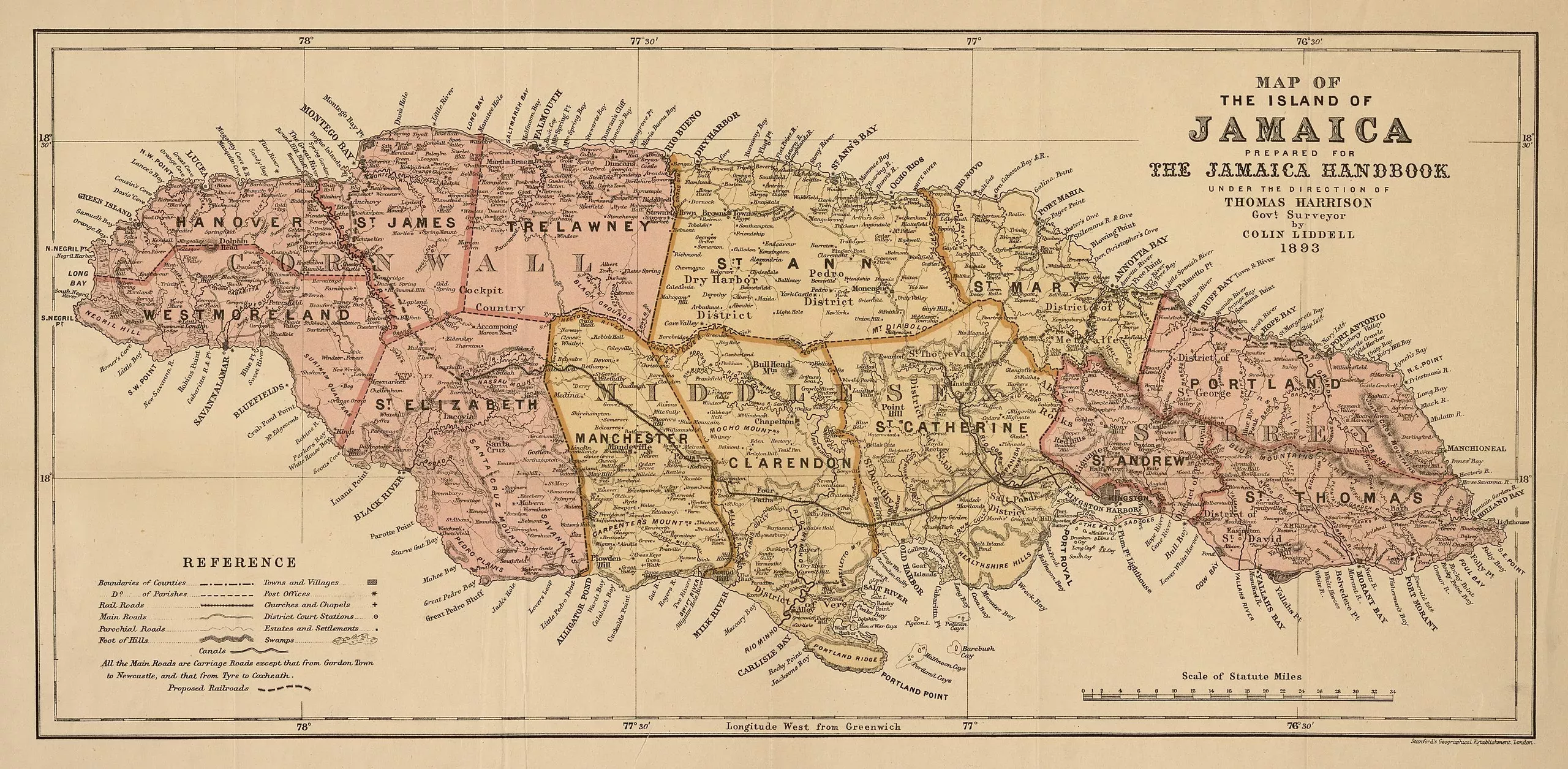 A map of the island of Jamaica from 1893 A yellowed map of the island of Jamaica