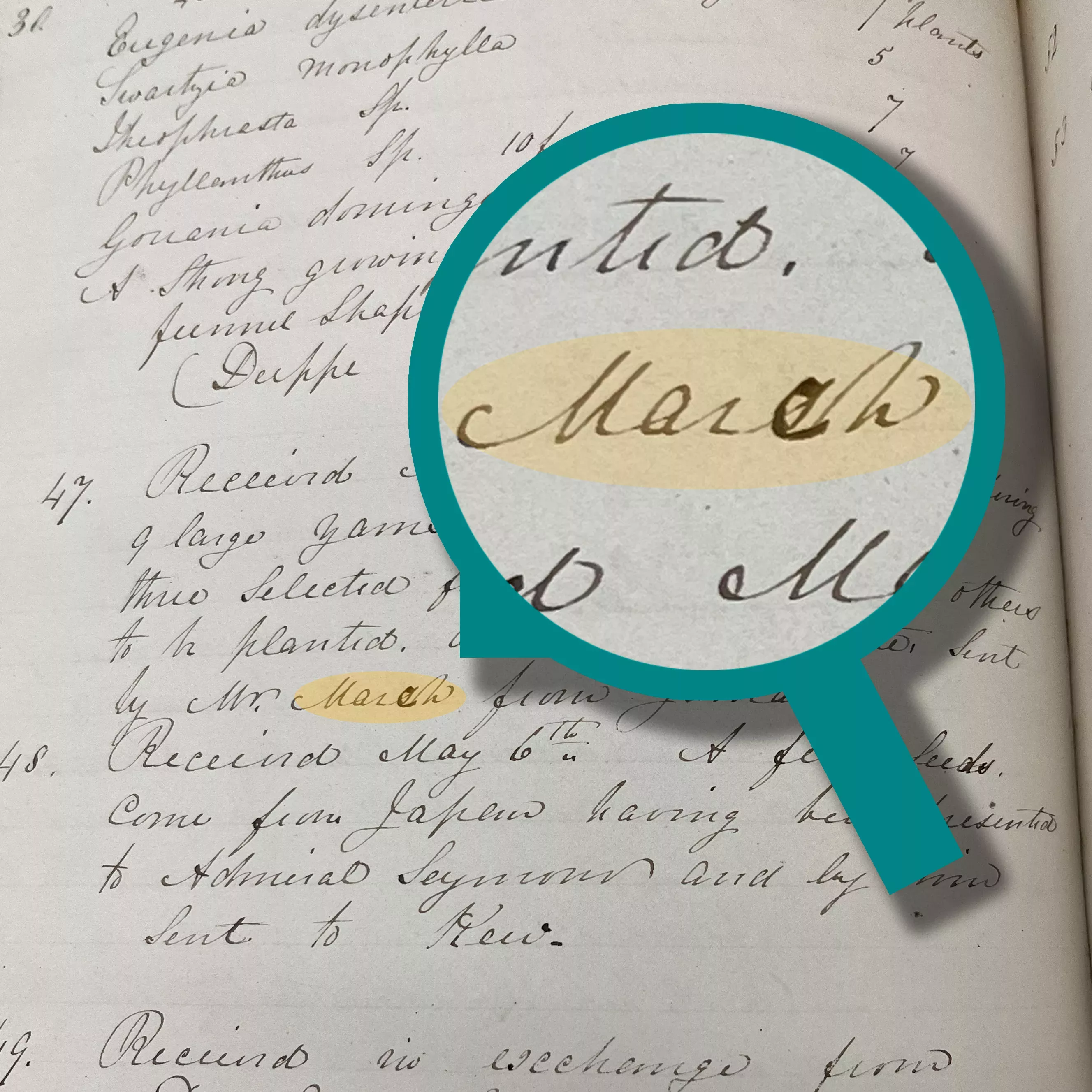 A corrected misspelling of 'March' Handwritten text with a corrected misspelling of 'March'.