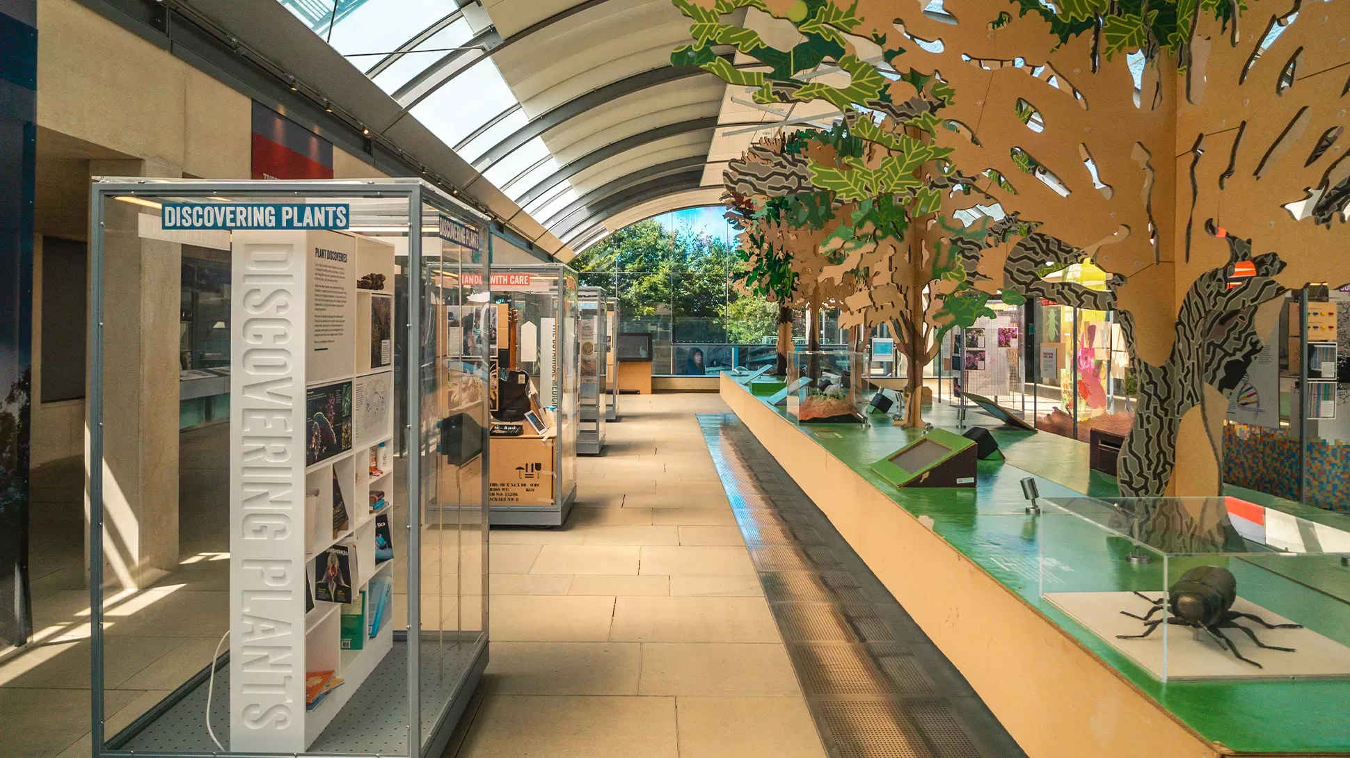 Surviving or Thriving, Jim Holden © RBG Kew The interior of the Millennium Seed Bank Atrium, there are glass cabinets with displays and a long table with interpretation.