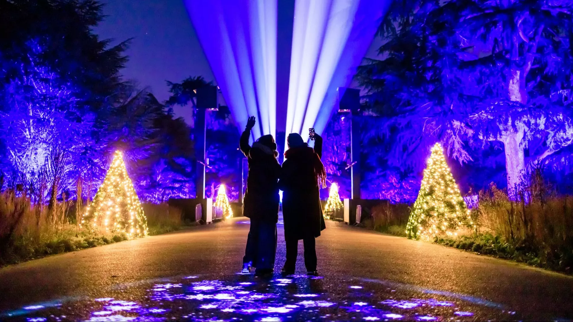 Snowflake walk at Christmas at Kew © Ollie Dixon Two people marvelling at purple and yellow light installations on the Great Broad Walk at Kew Gardens