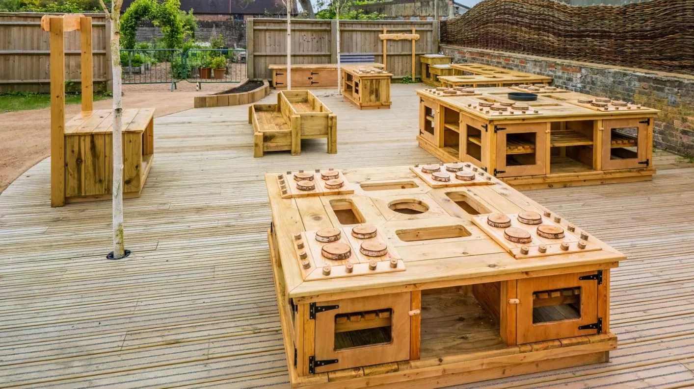 Children's & Community Garden, Visual Air © RBG Kew Wooden seating and toy cupboards in the Children's & Community Garden at Wakehurst