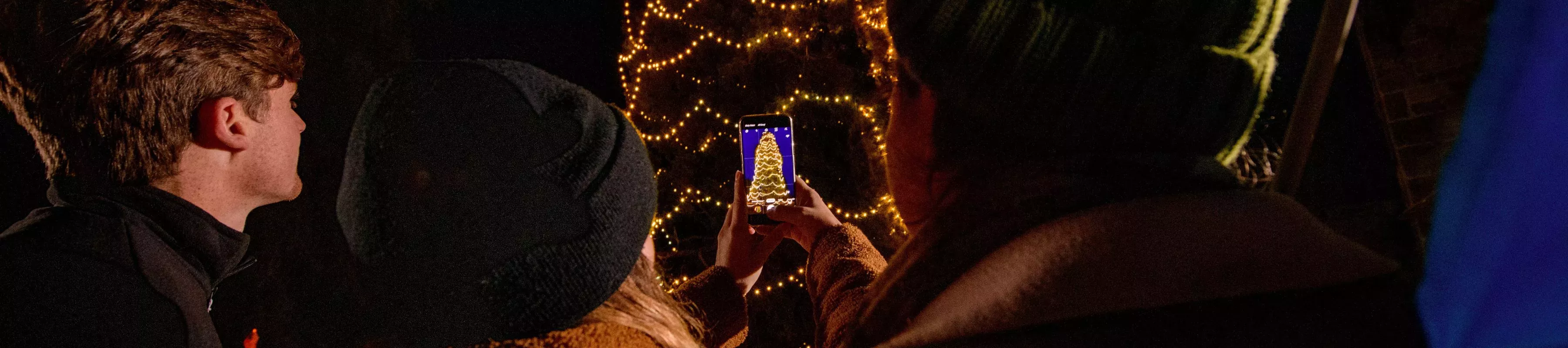Winter warmer at Wakehurst © RBG Kew A group of people taking a picture of a large illuminated christmas tree